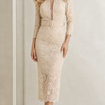 Elegant Floral Lace Belted Midi Dress with Ruffle Shoulders