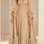 Sweetheart Neckline Tiered Tulle Ruffle Sleeve Evening Gown