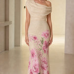Floral Shimmer Asymmetrical Cowl Neck Evening Maxi Dress