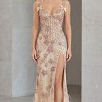 Sequined Corset Evening Gown with Bow Straps and Feather Hem