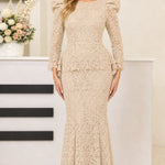 Women's Elegant Long Sleeve Lace Mermaid Formal Dress with Peplum Waist