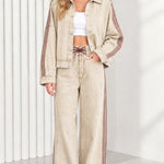 Women's Side Stripe Denim Jacket and Wide Leg Pants Two-Piece Set