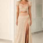 Two-Piece Beaded Evening Gown Set with Puff Sleeves and High Slit Skirt
