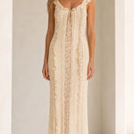 Women's Ruffled Lace Trim Maxi Dress with Lace-Up Back