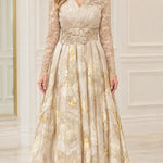 Metallic Floral Lace Long Sleeve Evening Gown with Beaded Waist