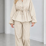 Women's Drawstring Peplum Zip Jacket and Wide-Leg Pants Two-Piece Set