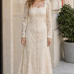 Square Neck Floral Lace Long Sleeve Midi Dress with Crystal Buttons