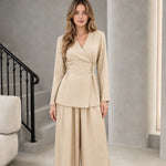 Women's Elegant Wrap Front Button Accent Blazer Top and Wide Leg Pants Two-Piece Set
