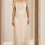 Off-The-Shoulder Beaded Lace Fringe Evening Maxi Dress