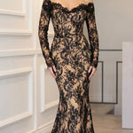 Off-Shoulder Sequin Lace Long Sleeve Mermaid Evening Gown