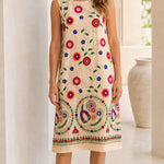 Women's Sleeveless Floral Embroidered Shift Midi Dress