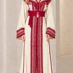 Embroidered Moroccan Caftan Maxi Dress with Fringe & Embellished Belt