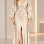 Deep V-Neck Pleated Long Sleeve Twist Front Evening Gown with Slit