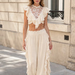 Boho Lace Ruffle Two-Piece Crop Top and Wide Leg Pants Set