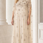 Elegant Beaded Mesh Cape Maxi Dress