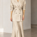 Women's Double-Breasted Belted Blazer and Flared Maxi Skirt 2-Piece Suit Set