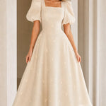 Square Neck Puff Sleeve Embroidered A-Line Midi Dress