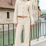 Women's Cropped Denim Jacket and Animal Print Stripe Flare Pants Two-Piece Set