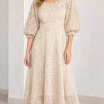 Floral Lace Puff Sleeve Scalloped Neck A-Line Midi Dress
