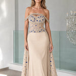 Stunning Off-The-Shoulder Beaded Evening Gown with Sheer Corset Bodice
