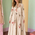Women's Long-Sleeve Embroidered Midi Dress with Button Front