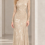 Long Sleeve Mock Neck Ruched Floral Lace Evening Gown