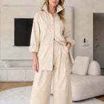 Women's Relaxed Button-Down Shirt and Wide-Leg Trousers Two-Piece Set