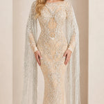 Beaded Cape Sleeve Mermaid Evening Gown with Fringe Tassels