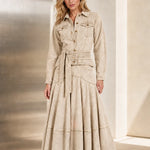 Long Sleeve Belted Button-Down Denim Maxi Shirt Dress