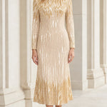 Metallic Sequin Chevron Long Sleeve Midi Evening Dress