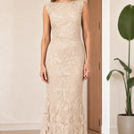 Sleeveless Floral Lace Mermaid Maxi Dress with Boat Neckline