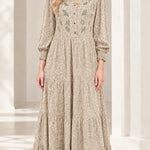 Embroidered Tiered Long Sleeve Maxi Dress with Smocked Cuffs