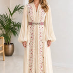 Embroidered Pleated Kaftan Maxi Dress with Embellished Belt