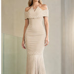 Off-the-Shoulder Pearl Embellished Fringe Hem Maxi Evening Dress