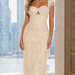 Rhinestone Sweetheart Fringe Maxi Gown with Cap Sleeves