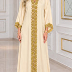 Embroidered Gold Trim V-Neck Kaftan Maxi Dress