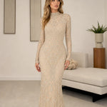 High Neck Sequin Embellished Long Sleeve Formal Maxi Evening Gown