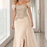 Off-the-Shoulder Beaded Corset Evening Gown with Tulle Drape