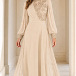 Embellished High Neck Long Sleeve Chiffon Maxi Evening Gown