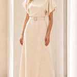 Elegant Lace-Trimmed Midi Dress with Belt