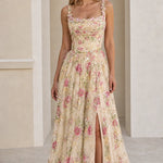 Floral Embroidered Sequin A-Line Evening Maxi Dress with Slit