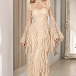 Gothic Lace Corset Maxi Dress with Dramatic Bell Sleeves and Tiered Ruffle Skirt