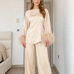 Satin Feather Cuff Two-Piece Top and Wide-Leg Pants Set