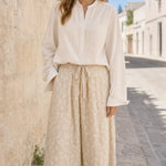 Women's Casual Two-Piece Long Sleeve Blouse and Printed Wide-Leg Pants Set