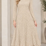 Women's Micro Dot Print Long Sleeve Midi Dress Elegant A-Line Pleated Hem Dress
