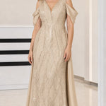 Sequin V-Neck Cold-Shoulder Evening Gown with Draped Satin Train