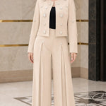 Star Embellished Cropped Jacket and Pleated Wide Leg Pants 2-Piece Suit Set