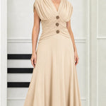 Elegant Ruched Waist V-Neck Midi Dress with Embellished Accents