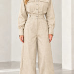 Women's Contrast Stitch Wide-Leg Denim Jumpsuit with Belt