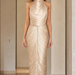 High Neck Pleated Shimmer Backless Maxi Evening Dress